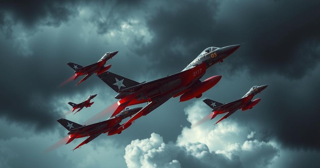 Military aircraft in formation demonstrating readiness amidst dark stormy skies and bold color contrasts.