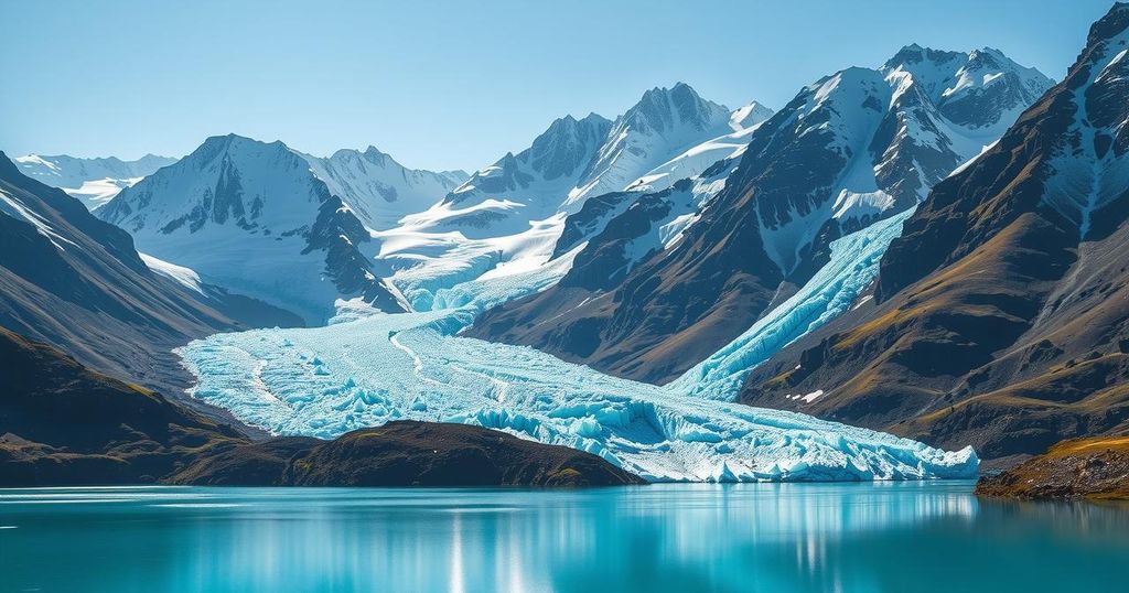 Stylized depiction of the Himalayan mountains with vast glaciers and serene glacial lakes under a clear blue sky.