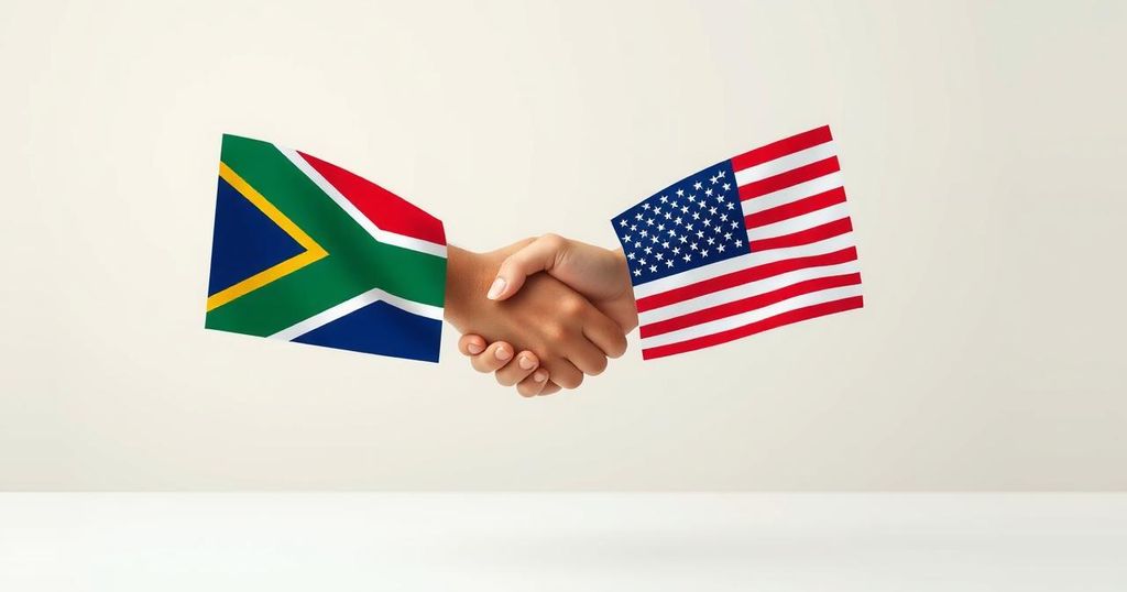 Cyril Ramaphosa and Donald Trump meeting symbolized with two flags shaking hands, set in an elegant neutral background.