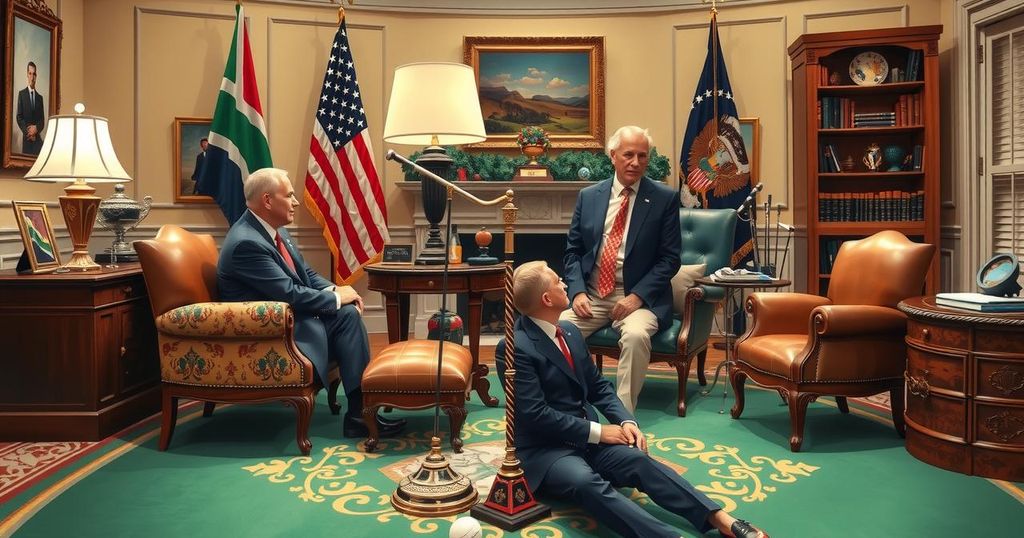 A meeting in the White House with a focus on golf and diplomacy, featuring iconic golfing symbols and flags