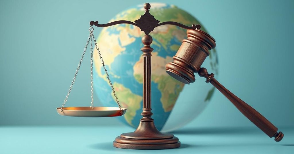 A symbolic representation of justice with scales and a gavel against a backdrop of a globe, reflecting international law.