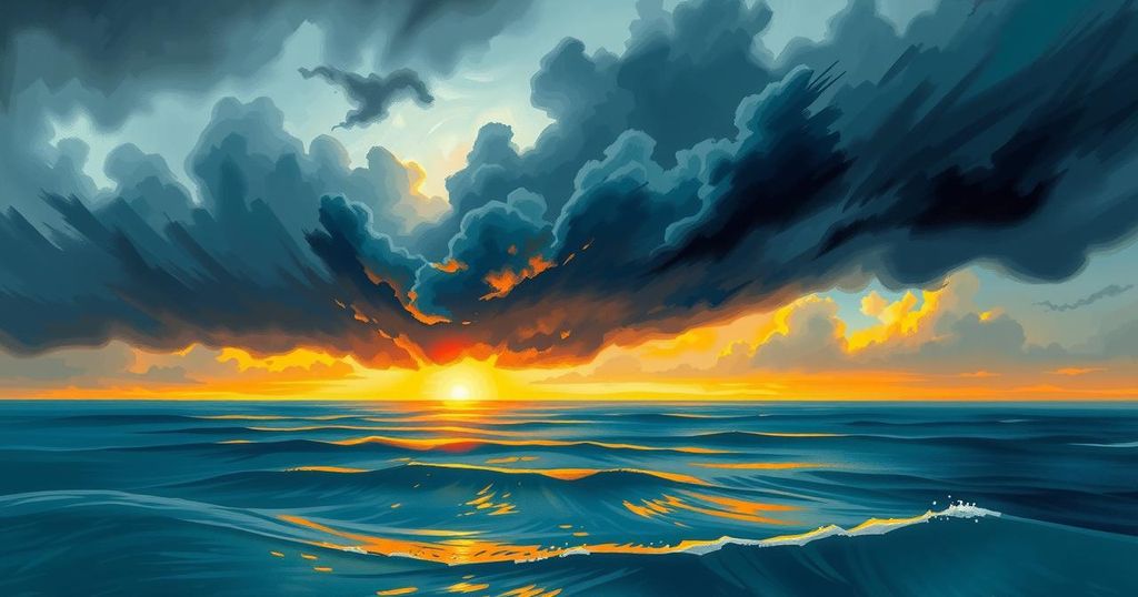 Vibrant ocean scene depicting storm clouds brewing over water with hints of warm colors, representing an active hurricane season.