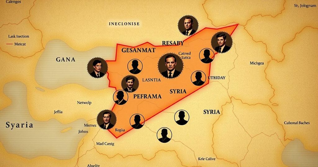 A stylized map highlighting Gaza, Syria, and Iran, using earth tones and muted colors to represent geopolitical shifts.