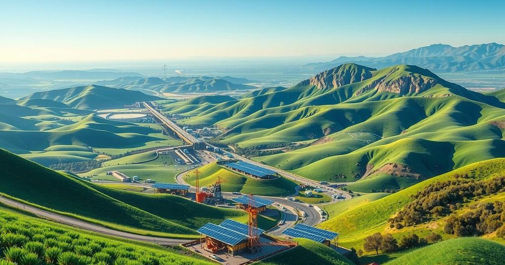 Vast green landscapes with lithium mining operations highlighted under a bright blue sky, symbolizing clean energy innovation.