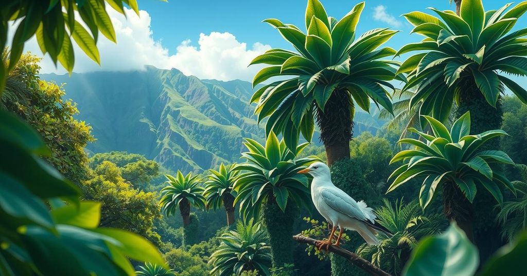 A lush Hawaiian landscape featuring a white tern among trees, vibrant colors, capturing nature's beauty and resilience.
