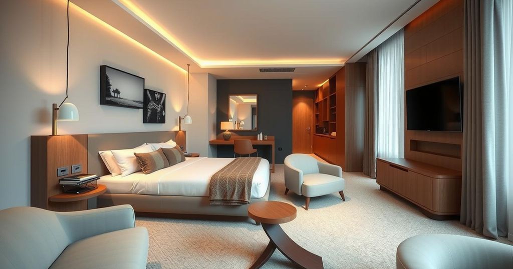 A serene hotel room interior with soft lighting and elegant decor, conveying a sense of calm and tranquility.