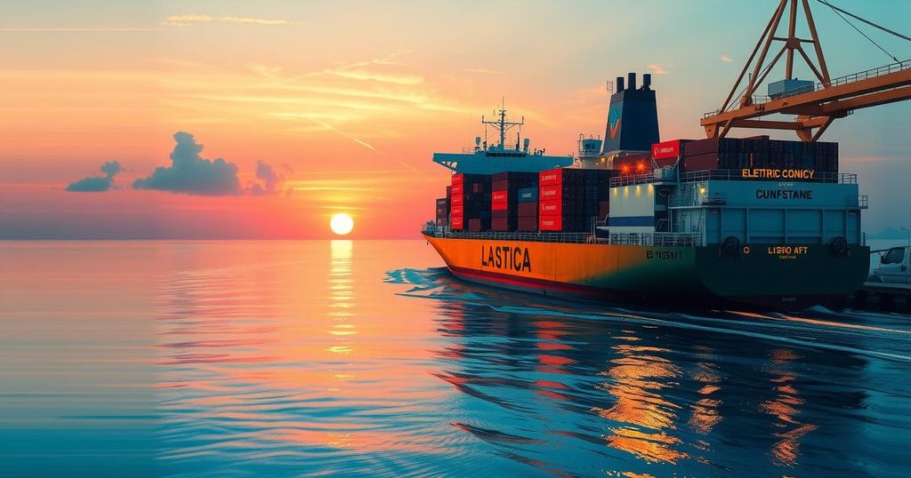 A cargo ship transporting electric vehicles approaching a southern Brazilian port at sunset.