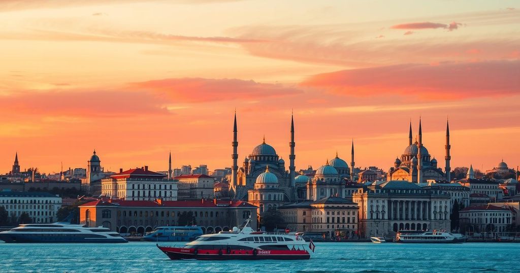 A skyline view of Istanbul with silhouette of historic architecture under a sunset.