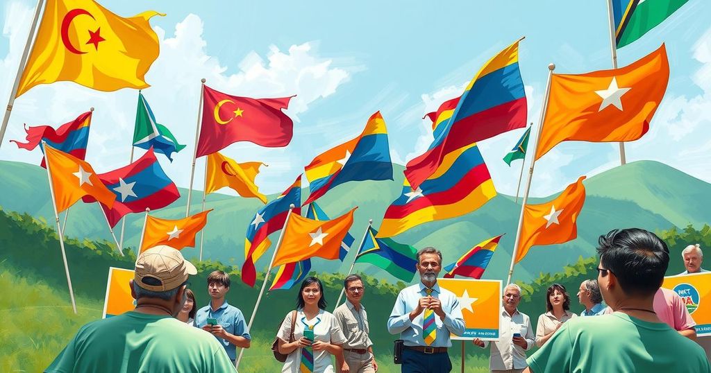 A vibrant gathering scene with flags and banners, showcasing a festive atmosphere of election campaigning.