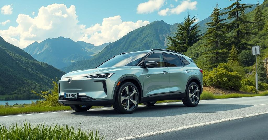 Sealion 07 electric SUV on a scenic road, showcasing modern design and eco-friendly features against a vibrant backdrop.