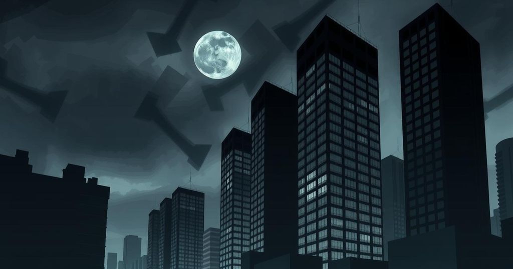 A dark and moody cityscape with tall buildings, symbolizing crime and justice, in a monochrome color scheme.