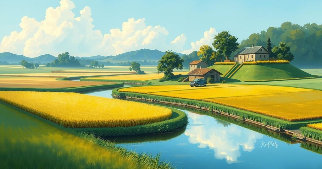 A serene landscape of farming fields under a bright sky, symbolizing peace and harmony in rural life.