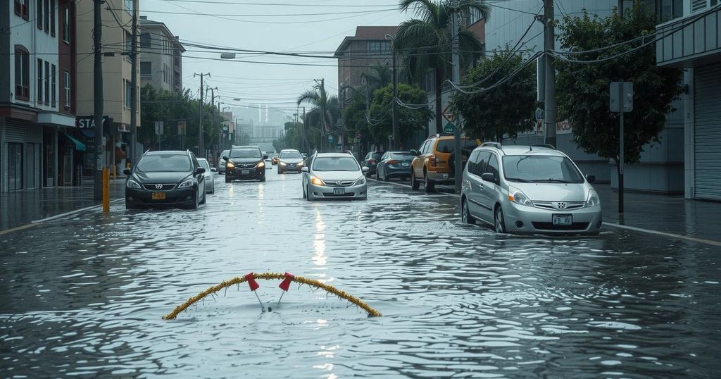 Flooded urban street after heavy rain in Accra, with stranded vehicles and high water levels