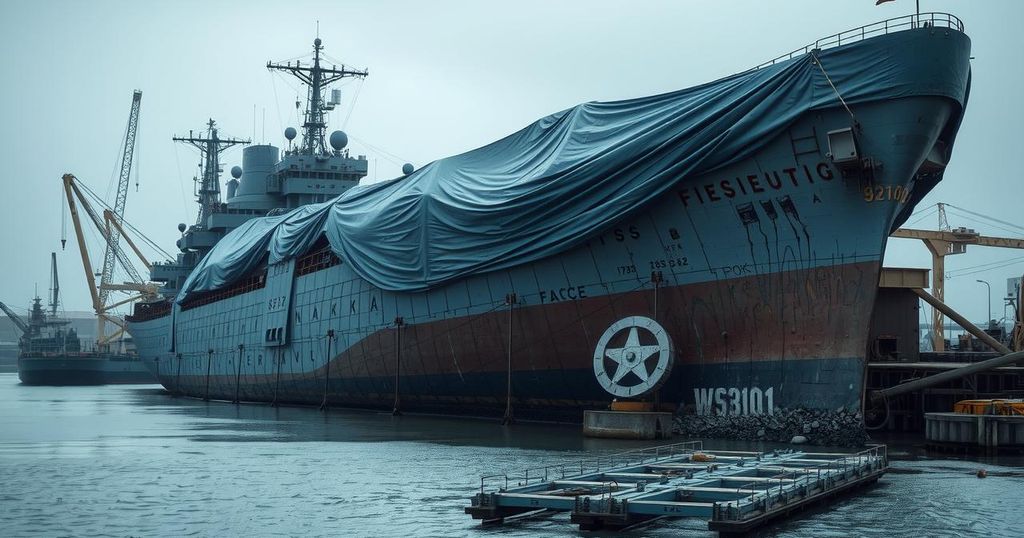 A damaged warship on its side with blue tarpaulin, set near a port surrounded by water and industrial structures.