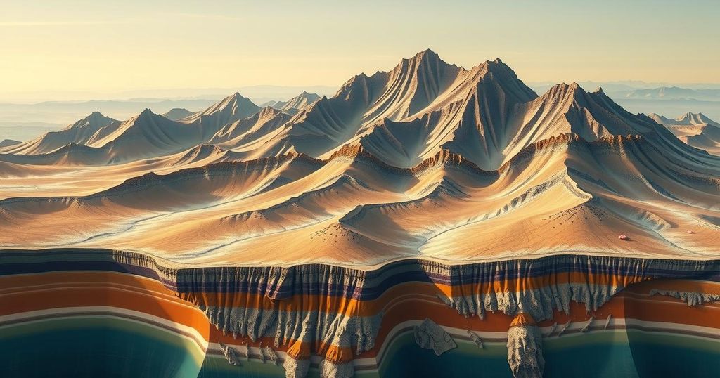 An illustration of a seismic zone, showing tectonic plates and mountainous terrain with muted earth tones.