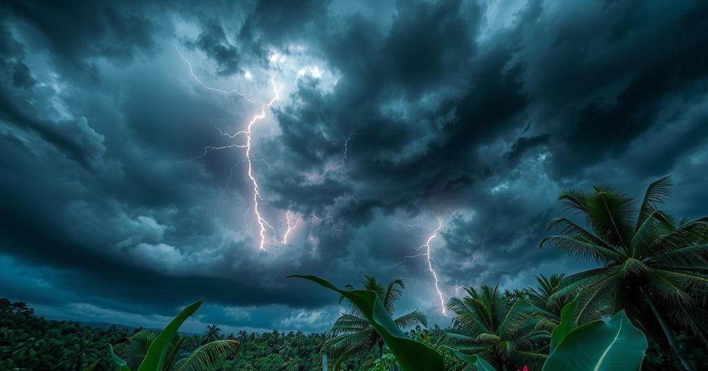 Cloudy tropical sky with dark rain clouds, lightning, and rain over lush green landscapes in Cuba during a storm.