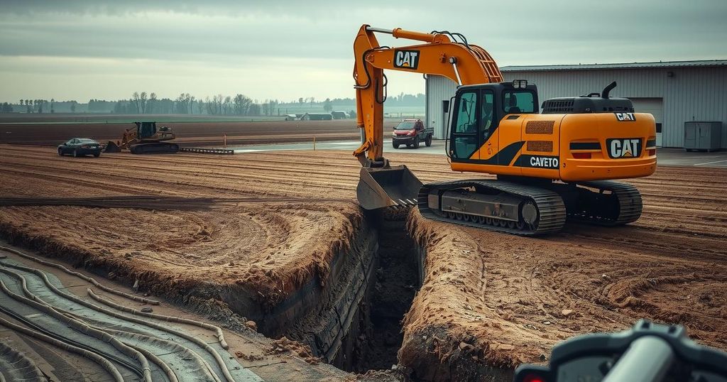 Excavator digging a trench on a farm amid a poultry import halt due to health concerns in Brazil.