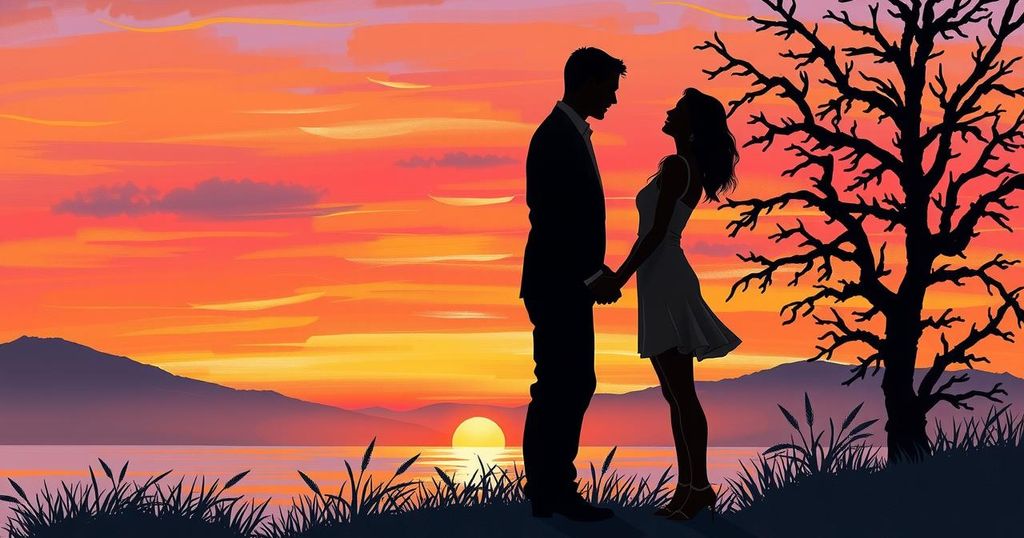 Two elegant silhouettes of a couple against a sunset backdrop, illustrating a romantic connection.