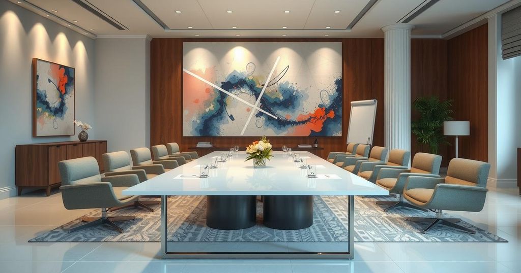 Diplomatic meeting scene illustrating tension, featuring a modern office, neutral color scheme, and abstract art style