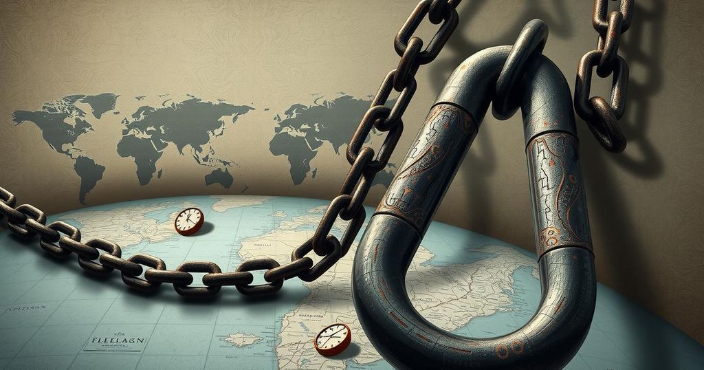 A conceptual representation of immigration policies affecting migrants, featuring symbolic elements like broken chains and fading maps.