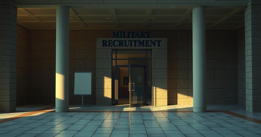 A somber scene depicting an empty military recruitment center in muted tones, symbolizing loss and resilience.