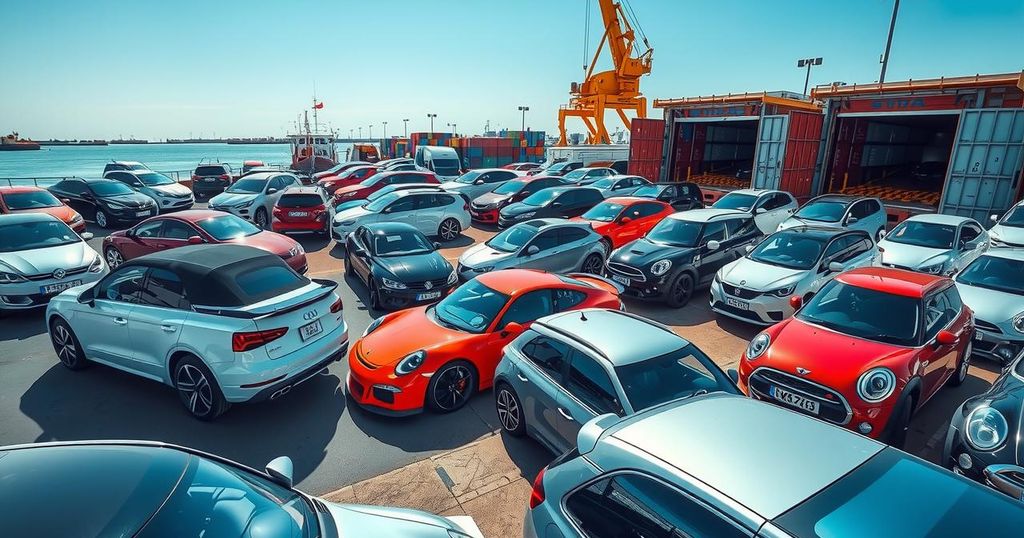 A bustling auto import dock with various cars from different countries prominently displayed under a clear blue sky.