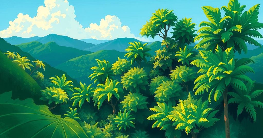 A vibrant scene of Suriname's landscapes, showcasing nature and economic potential against a bright sky.