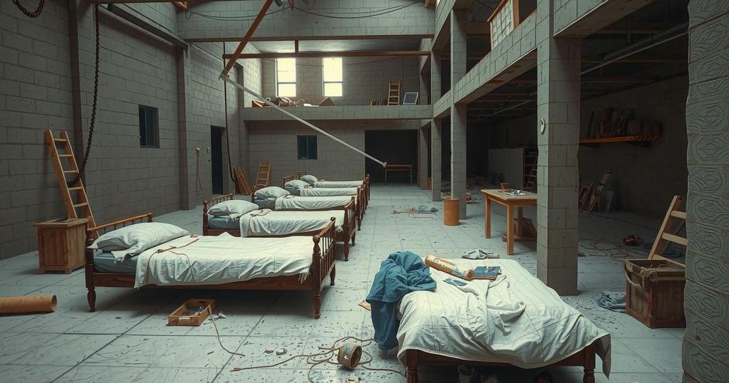 Construction site with empty beds, simple blankets, and basic tools representing poor labor conditions.