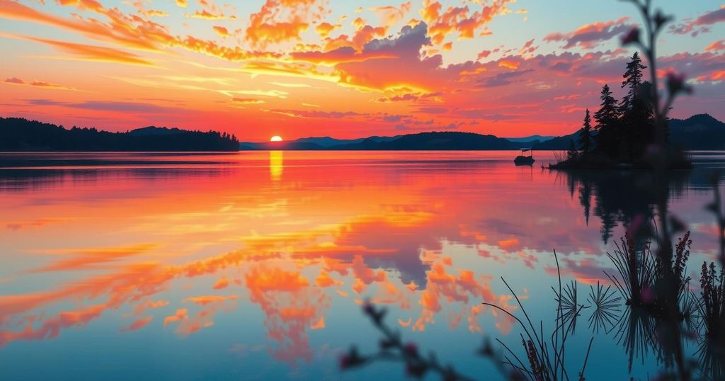 Tranquil lake scene with calm waters and a serene sunset reflecting orange and purple hues.