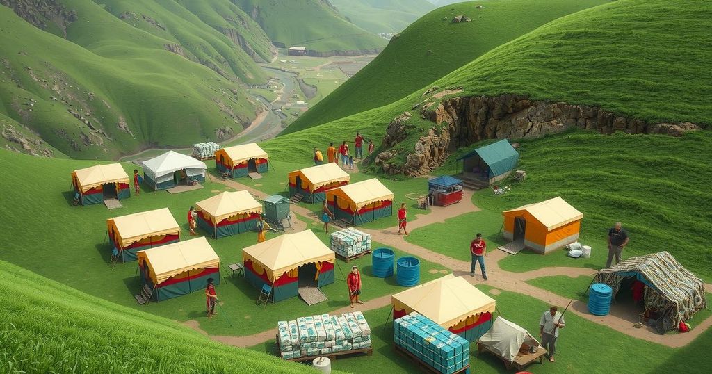 A tranquil scene depicting a relief camp set up in a lush green landscape with tents and supportive resources.