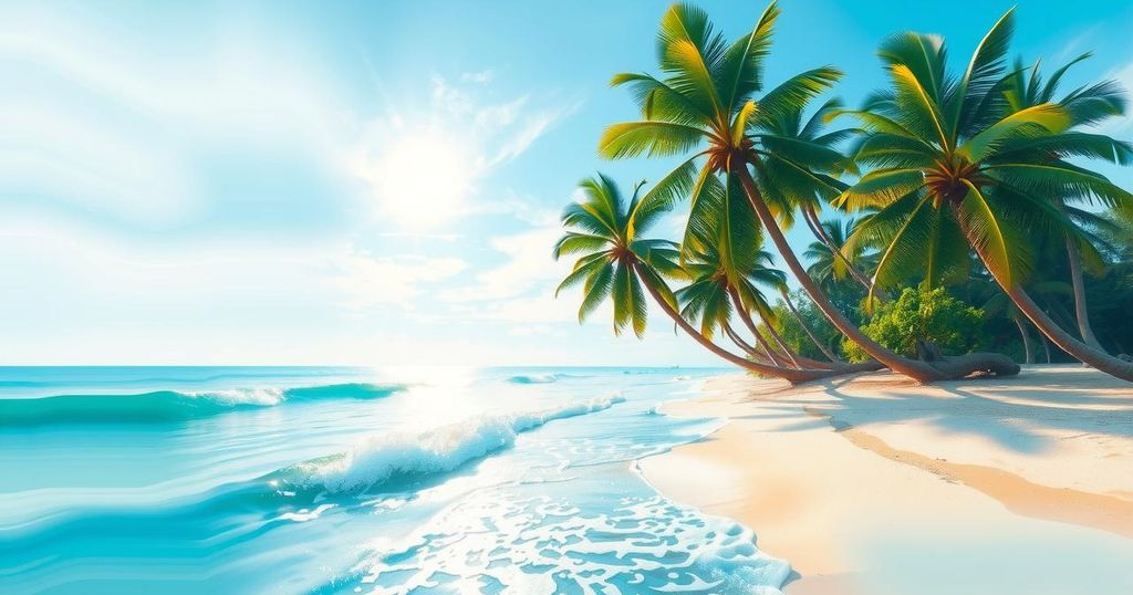 A serene beach in Thailand with palm trees, soft waves, and a clear blue sky, evoking a peaceful vacation vibe.