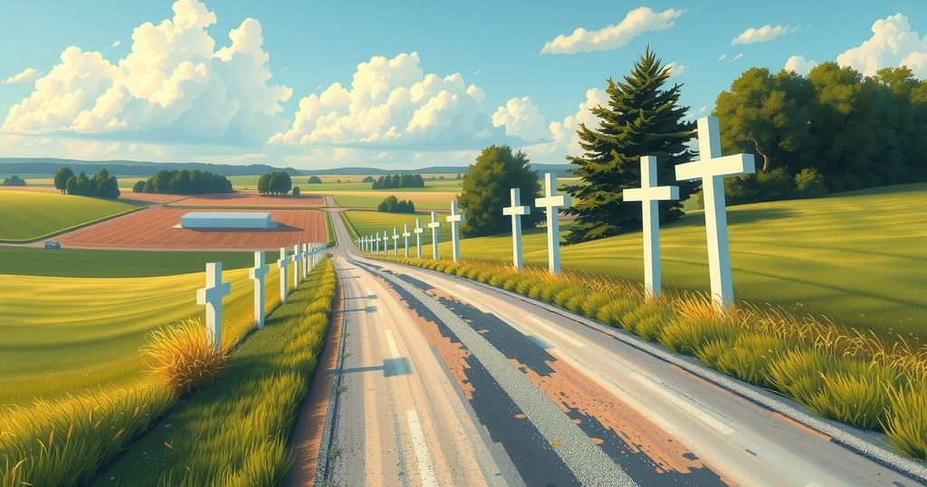 Aerial view of rural road lined with white crosses symbolizing remembrance and protest in South Africa.