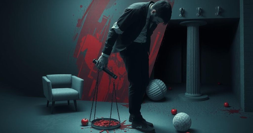 A surreal representation of a legal dilemma with dark tones and abstract shapes symbolizing arrest and detention.