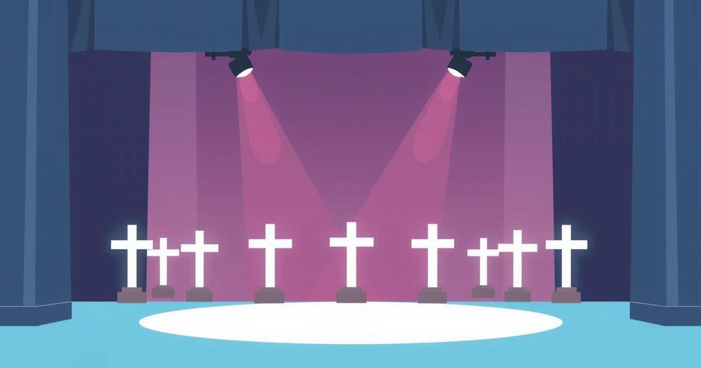 A whimsical cartoon of a stage with dimmed lights and silhouettes of crosses in the background, evoking a lighthearted atmosphere.