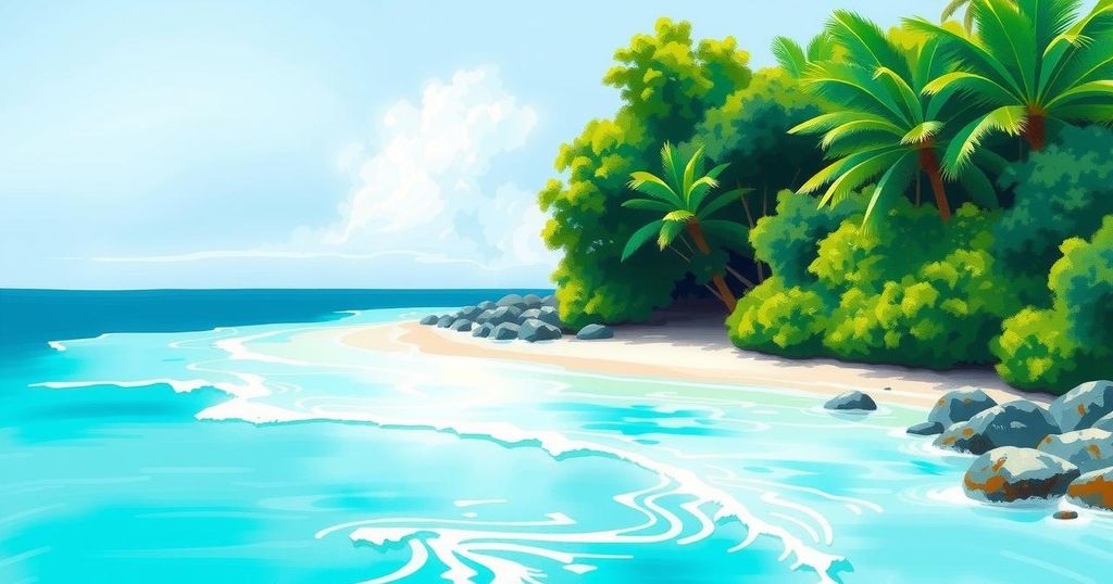 A peaceful beach with clear turquoise waters and lush green vegetation, representing remote islands' beauty.