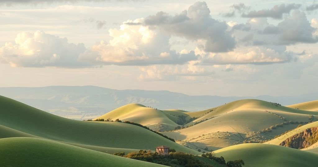 A scenic view of Turkey's landscape, symbolizing diplomatic talks with discussions in the air, under a cloudy sky.