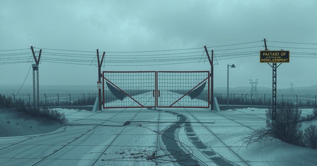 Tilted view of a closed border checkpoint with barbed wire and a cloudy sky, symbolizing isolation and restricted access.