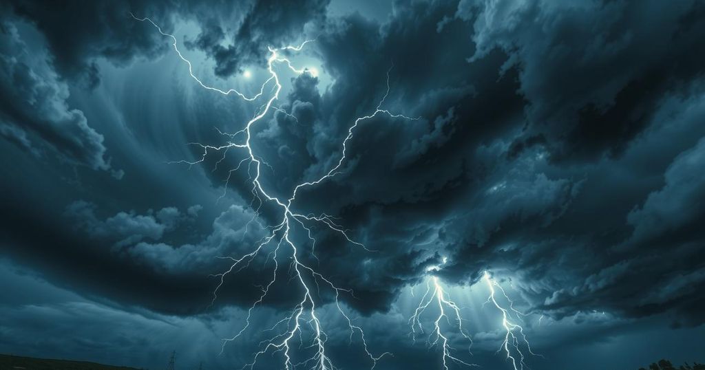 A dramatic thunderstorm with dark clouds and lightning over a landscape, showcasing atmospheric instability and weather patterns.