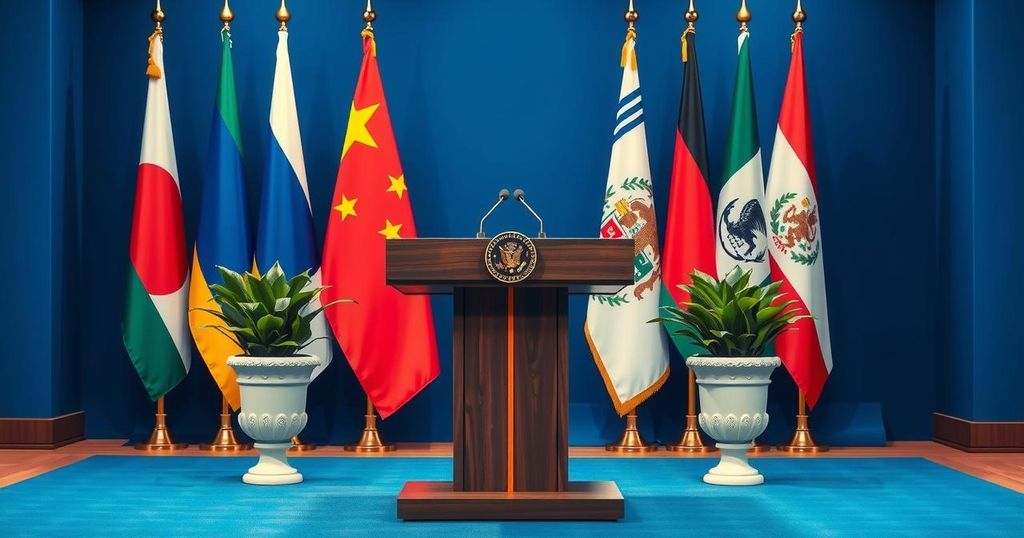 Press conference backdrop featuring national flags, a podium, and potted plants conveying diplomatic relations.