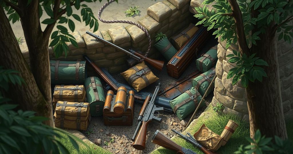 A historical military landscape depicting soldiers in a trench with trees in a muted color palette.
