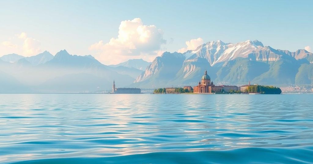A serene view of Geneva's lake and mountains, under a blue sky with fluffy clouds, symbolizing global unity in health.