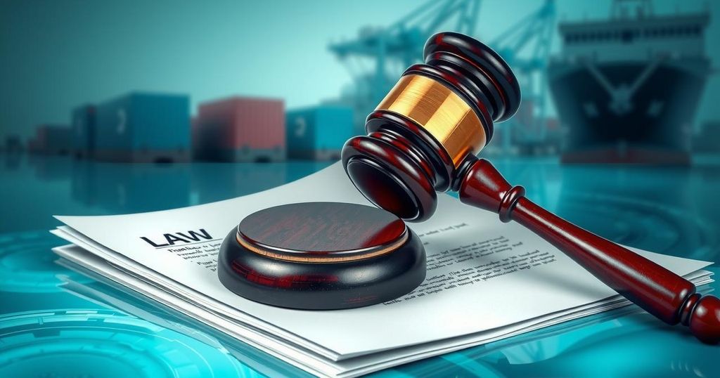 A gavel resting on legal papers with a backdrop of the United States flag and abstract trade symbols.