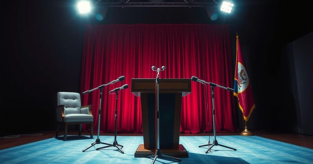 A tense press conference scene with a podium and microphones, symbolizing intense media interactions and political discussions.