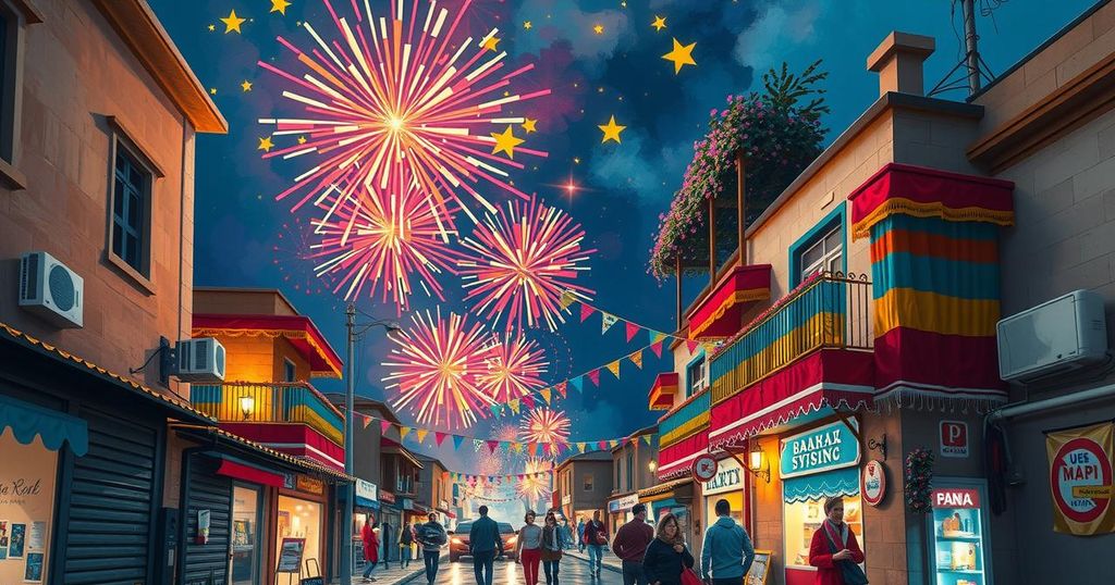 Colorful festival atmosphere in Syria with fireworks and celebration after lifted sanctions, showing hope for recovery.