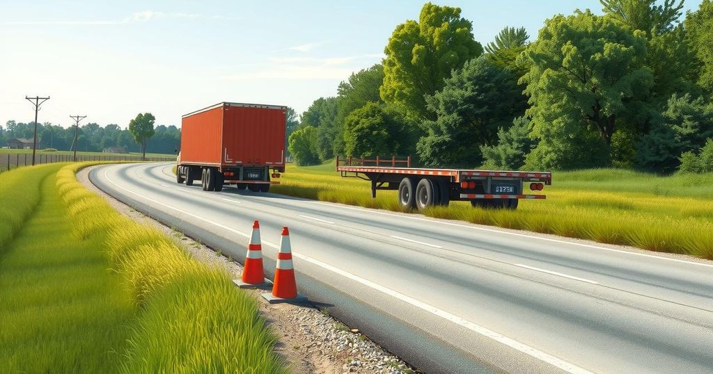 A serene rural road scene with parked commercial trailers bordered by orange traffic cones and green grass.