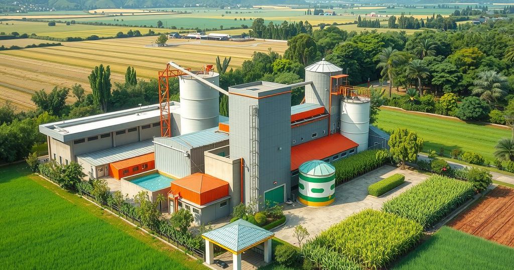 A modern rice mill facility in a lush agricultural landscape, showcasing sustainable farming and technology.