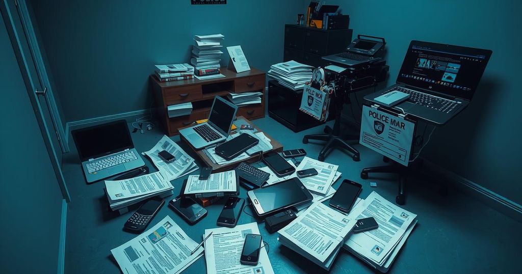 Police operation seizing smartphones and SIM cards used in international fraud scheme in Noida, India.