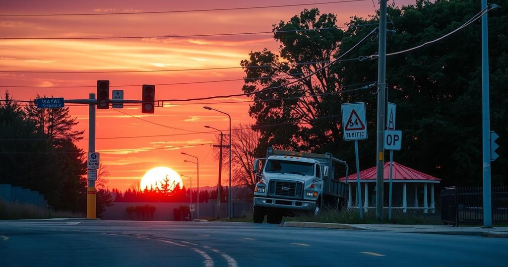 An empty intersection with traffic signs and a parked abandoned truck in a serene sunset setting.
