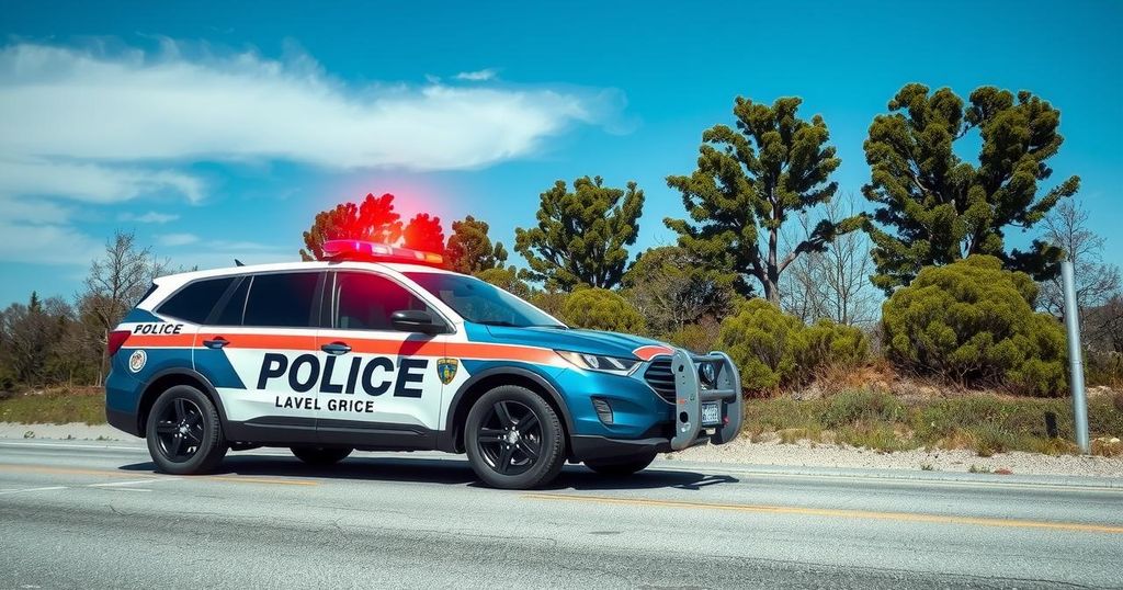 A police vehicle on a highway under a clear blue sky, emphasizing law enforcement and safety.