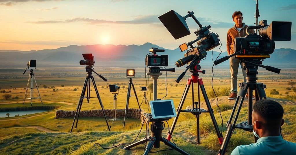 A serene Tanzanian landscape featuring a filming setup with cameras and lights, symbolizing reality TV production.